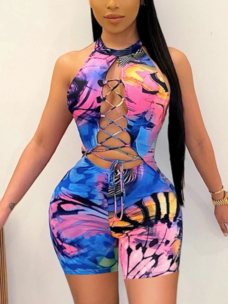 

Lovely Sexy Backless Bandage Hollow-out Design Blue One-piece Romper