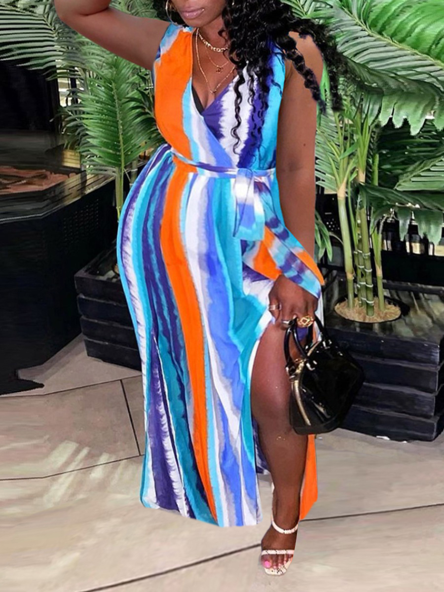 

Lovely Plus Size Boho V Neck Striped Blue Floor Length Dress