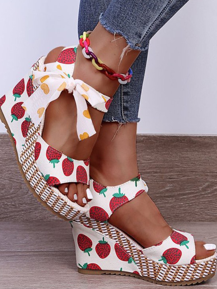 

Lovely Casual Fruit Print Bandage Design Red Platform Shoes