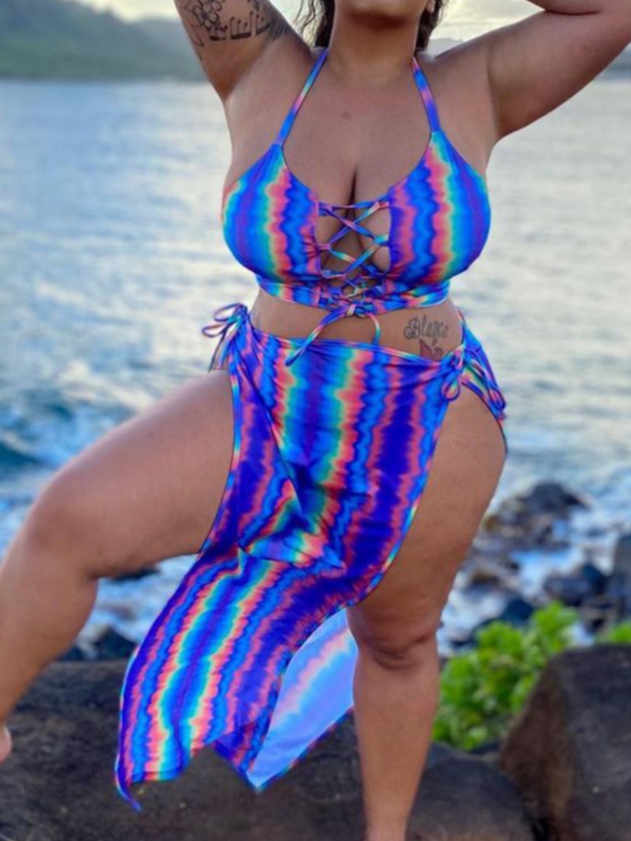 

Lovely Boho Print Bandage Design Split Blue Plus Size Two-piece Skirt Set
