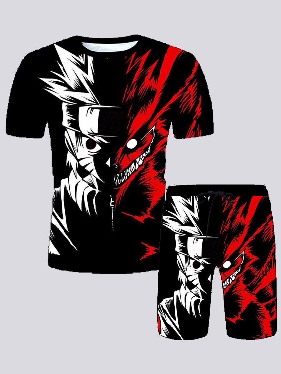 

LW Men Street O Neck Graffiti Print Black Two Piece Shorts Set
