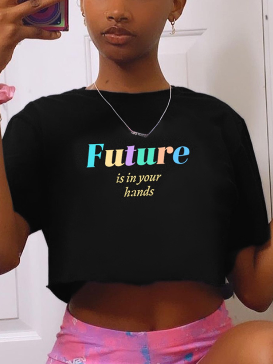 

Lovely Casual O Neck Letter Print Black T-shirt