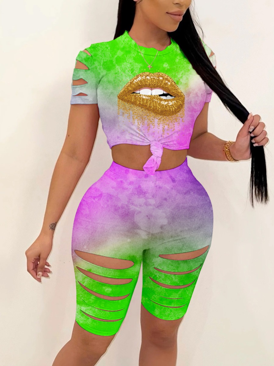 

LW Lip Print Tie Dye Shorts Set, Green