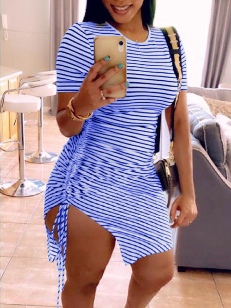 

Lovely Casual Striped Drawstring Blue Mini Dress, Blue stripe
