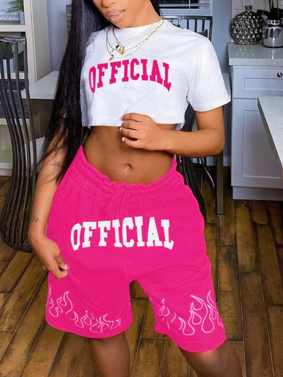 

LW Sporty Letter Print Drawstring Pink Two Piece Shorts Set