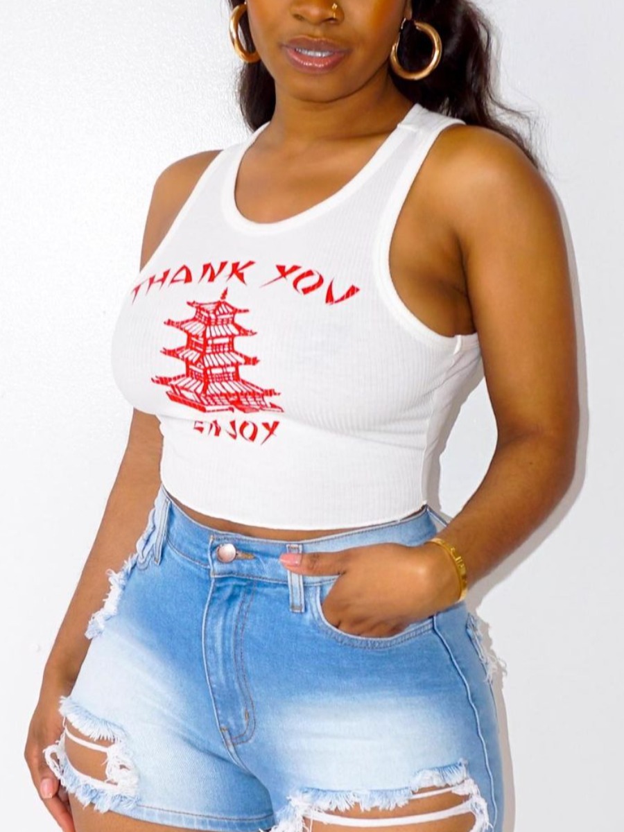 

Lovely Casual Letter Print Rib-Knit White Camisole