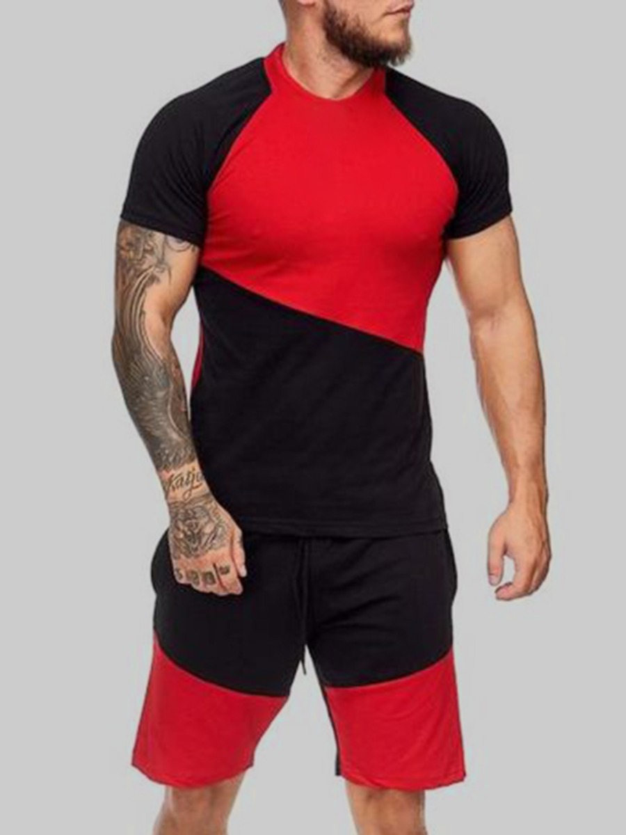 

Lovely Men Sporty Color-lump Drawstring Red Two Piece Shorts Set