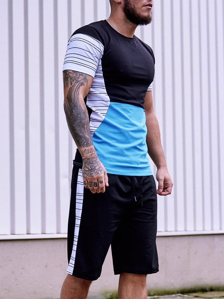

Lovely Men Street Striped Drawstring Black Two Piece Shorts Set