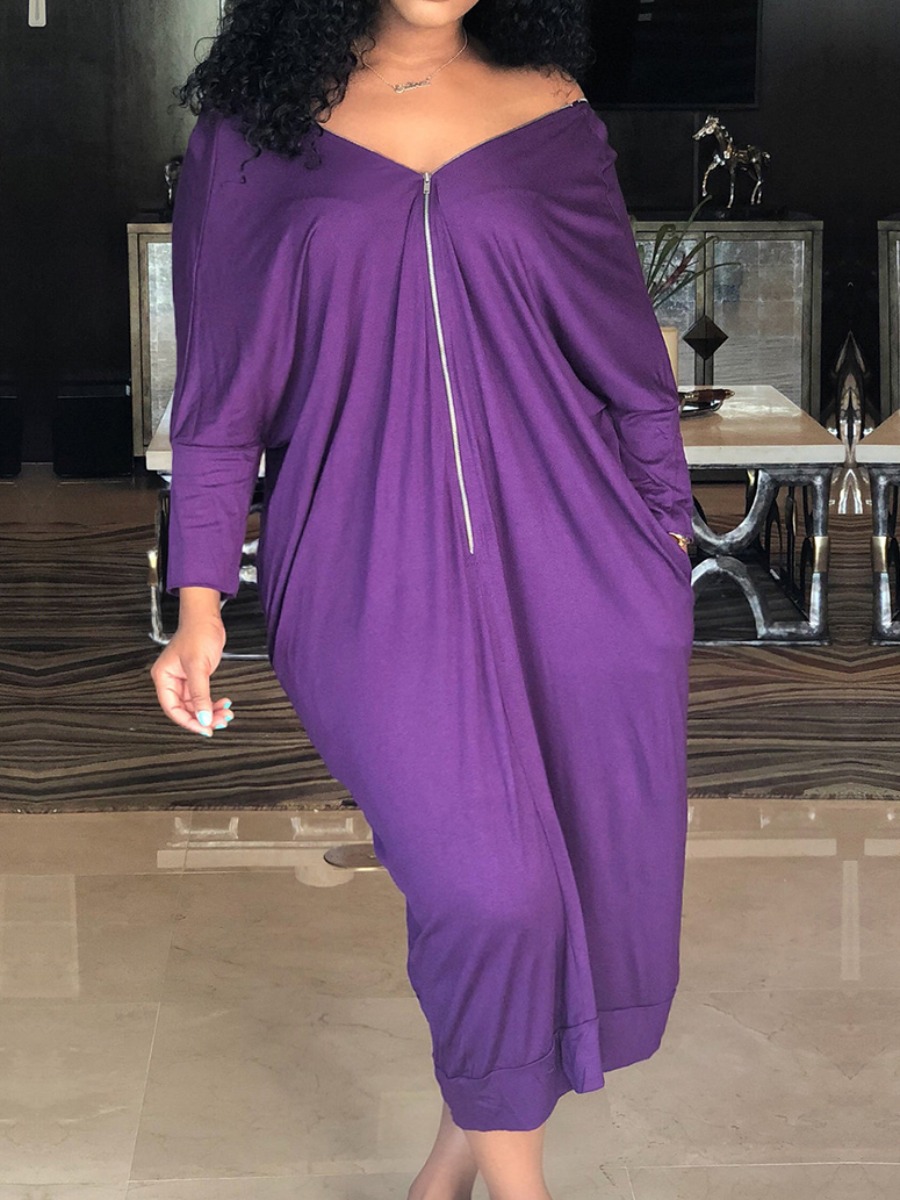 

Lovely Casual Off The Shoulder Zipper Design Purple Mid Calf Plus Size Dress