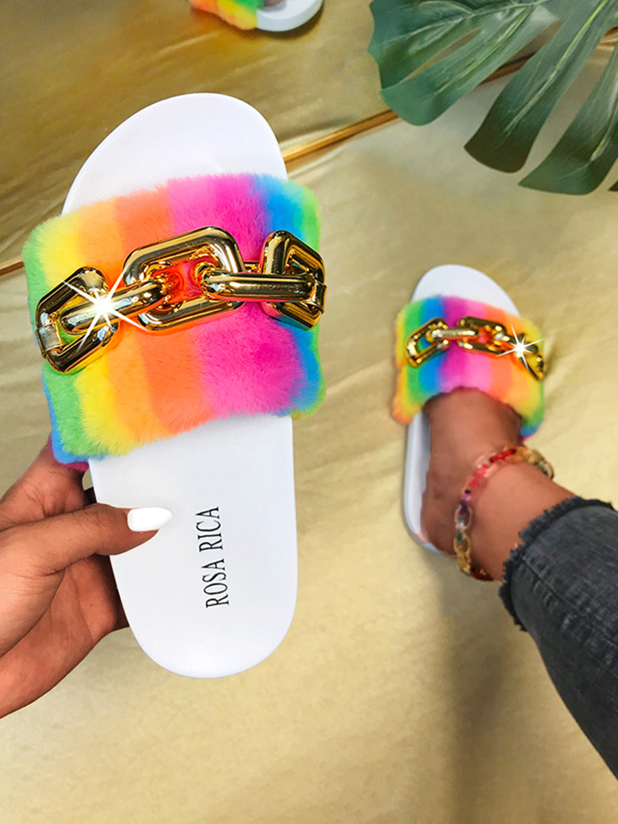 

Lovely Casual Rainbow Stripe Chain Decoration White Slippers