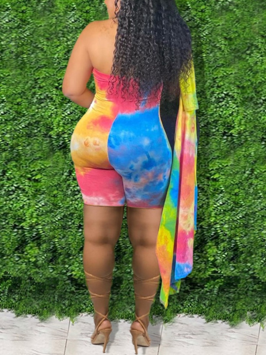 Lovely Plus Size Casual Off The Shoulder Tie-dye Multicolor Two Piece Shorts Set (With Cover-up)