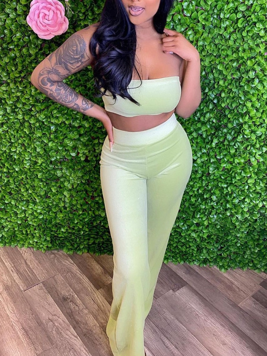 

LW Velvet Off The Shoulder Flared Green Two Piece Pants Set