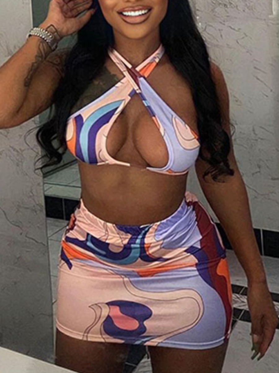 

Lovely Boho Print Hollow-out Pink Two-piece Swimsuit