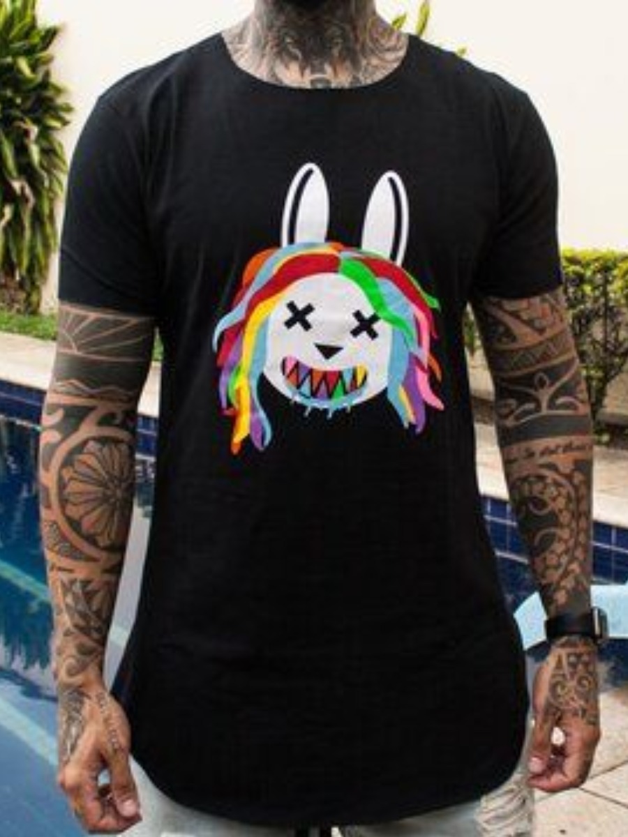 

Lovely Men Casual O Neck Cartoon Print Black T-shirt