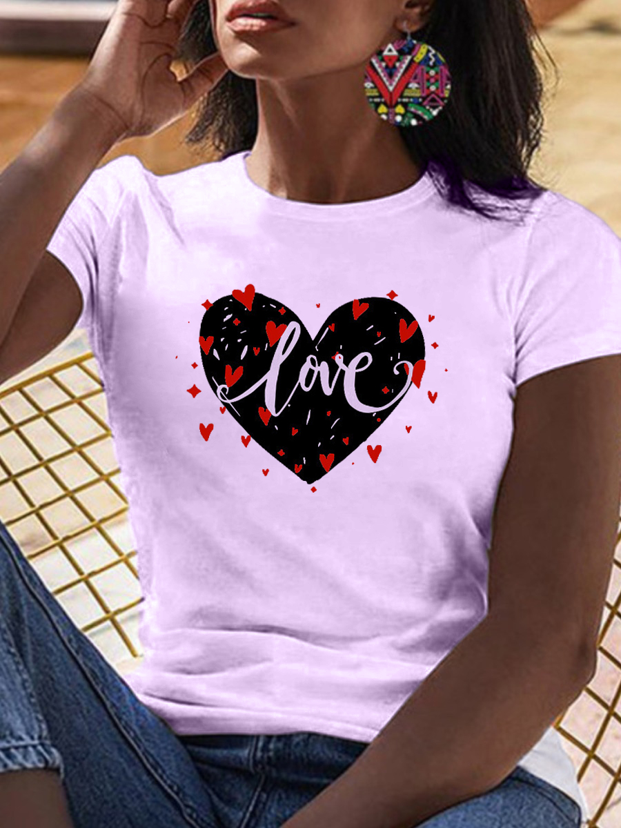 

Lovely Casual Heart-shaped Letter Print Light Purple Plus Size T-shirt