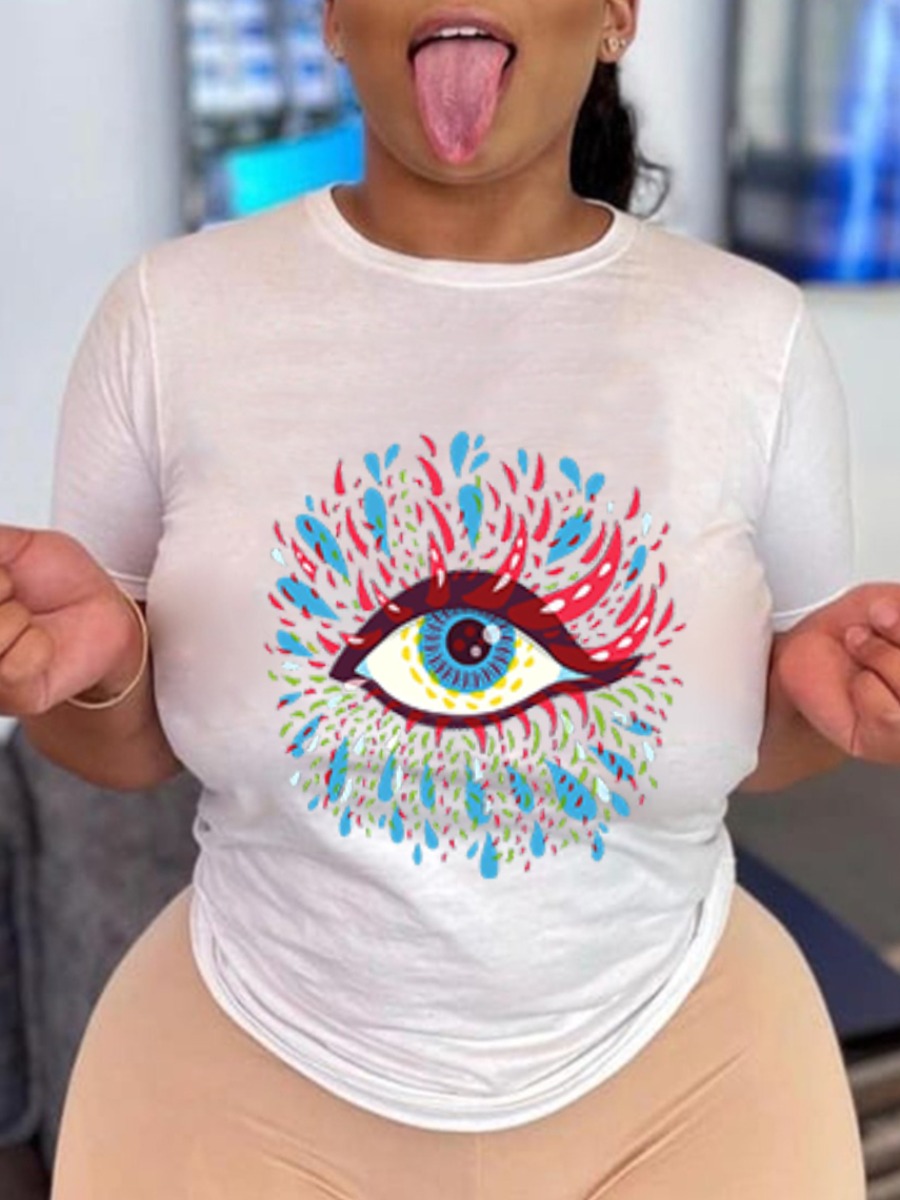 

Lovely Casual O Neck Eye Print White T-shirt