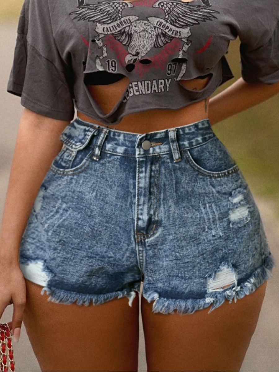

Lovely Street High-waisted Raw Edge Deep Blue Denim Shorts