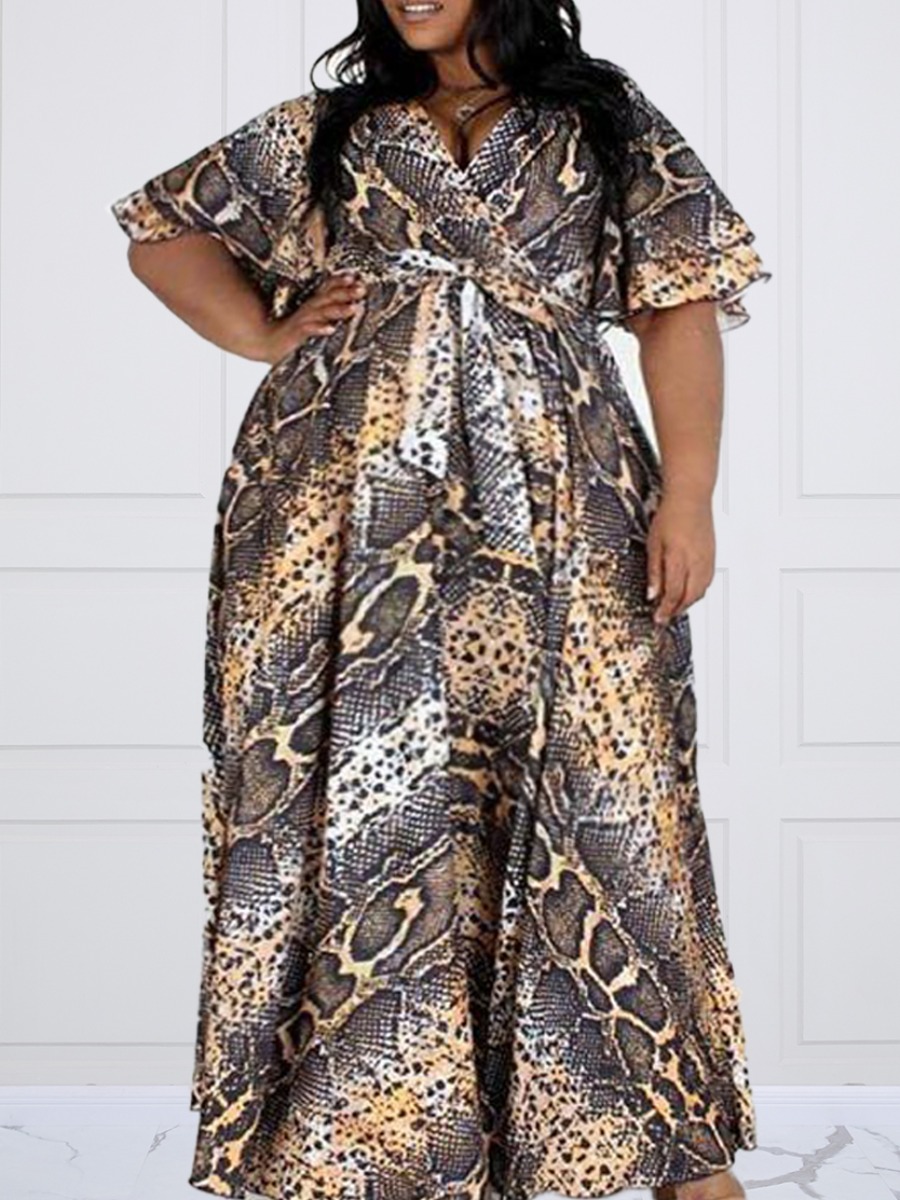 

Lovely Boho Cobra Print Bandage Design Floor Length A Line Plus Size Dress