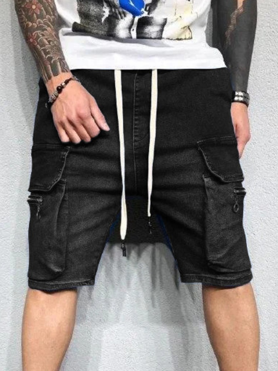 

Lovely Men Casual Drawstring Side Pocket Black Denim Shorts