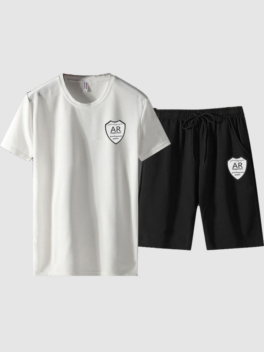 

Lovely Men Sporty U Neck Drawstring White Two Piece Shorts Set