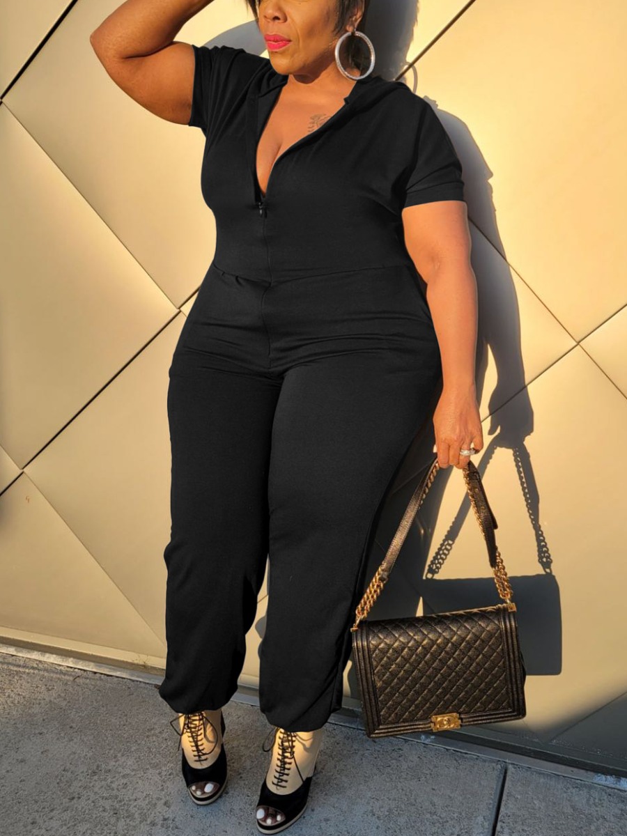 

Lovely Plus Size Hooded Collar Zipper Design Jumpsuit, Black