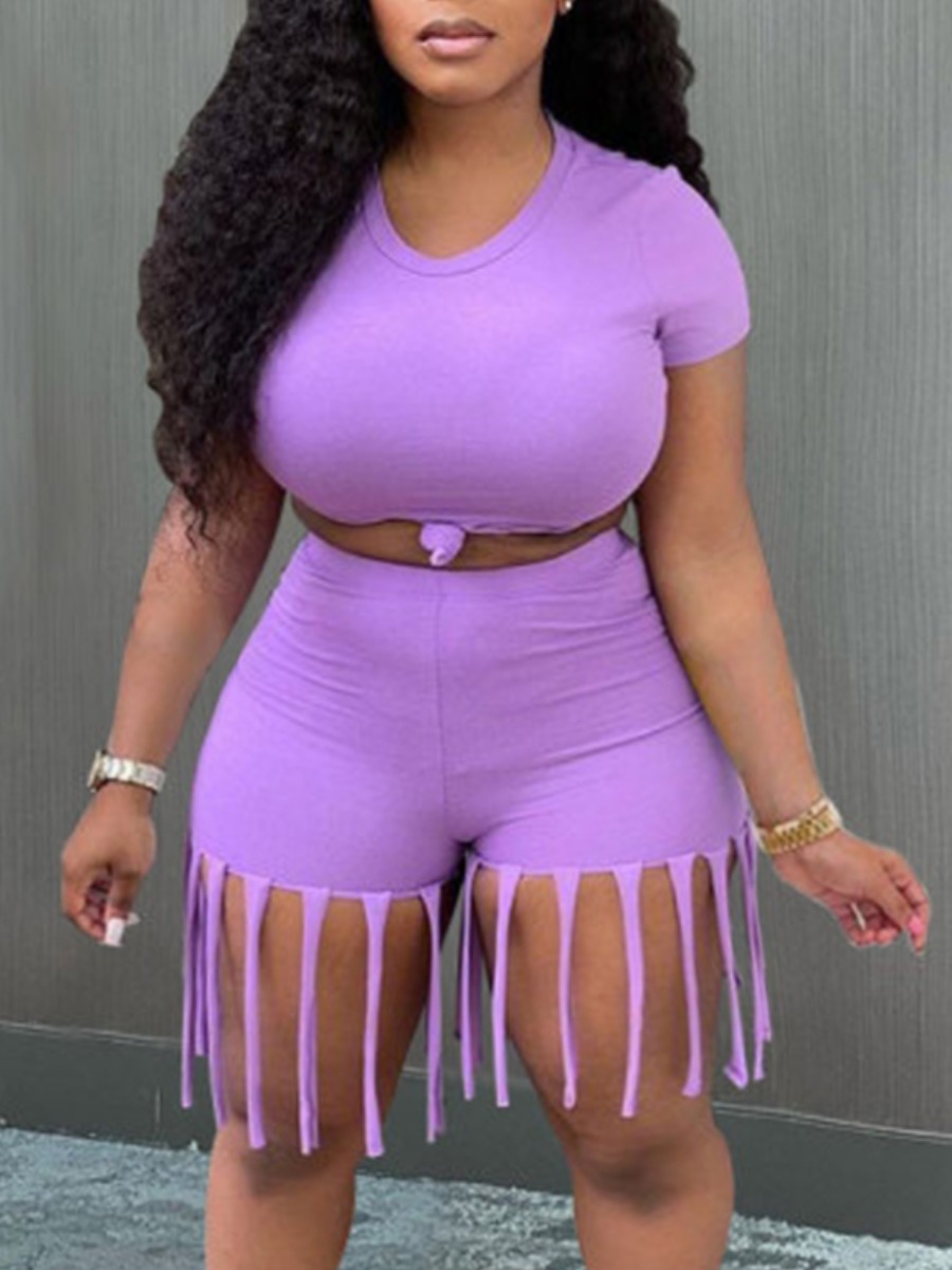 

LW Casual O Neck Tassel Design Purple Plus Size Two-piece Shorts Set