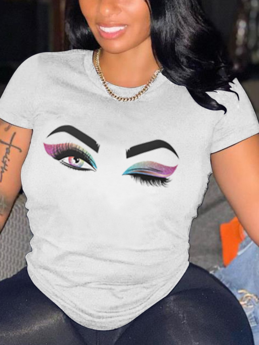 

Lovely Casual O Neck Eye Print White T-shirt