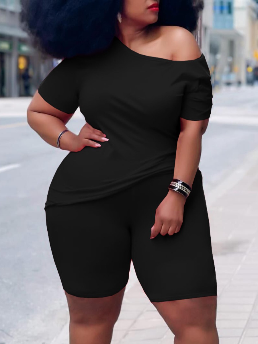 

Lovely Casual O Neck Elastic Black Plus Size Two-piece Shorts Set