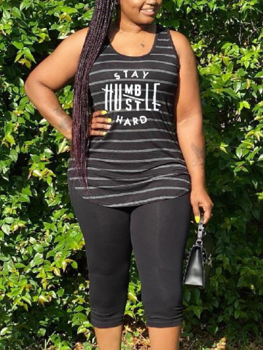 

Lovely Plus Size Sporty Letter Print Striped Black Two-piece Shorts Set