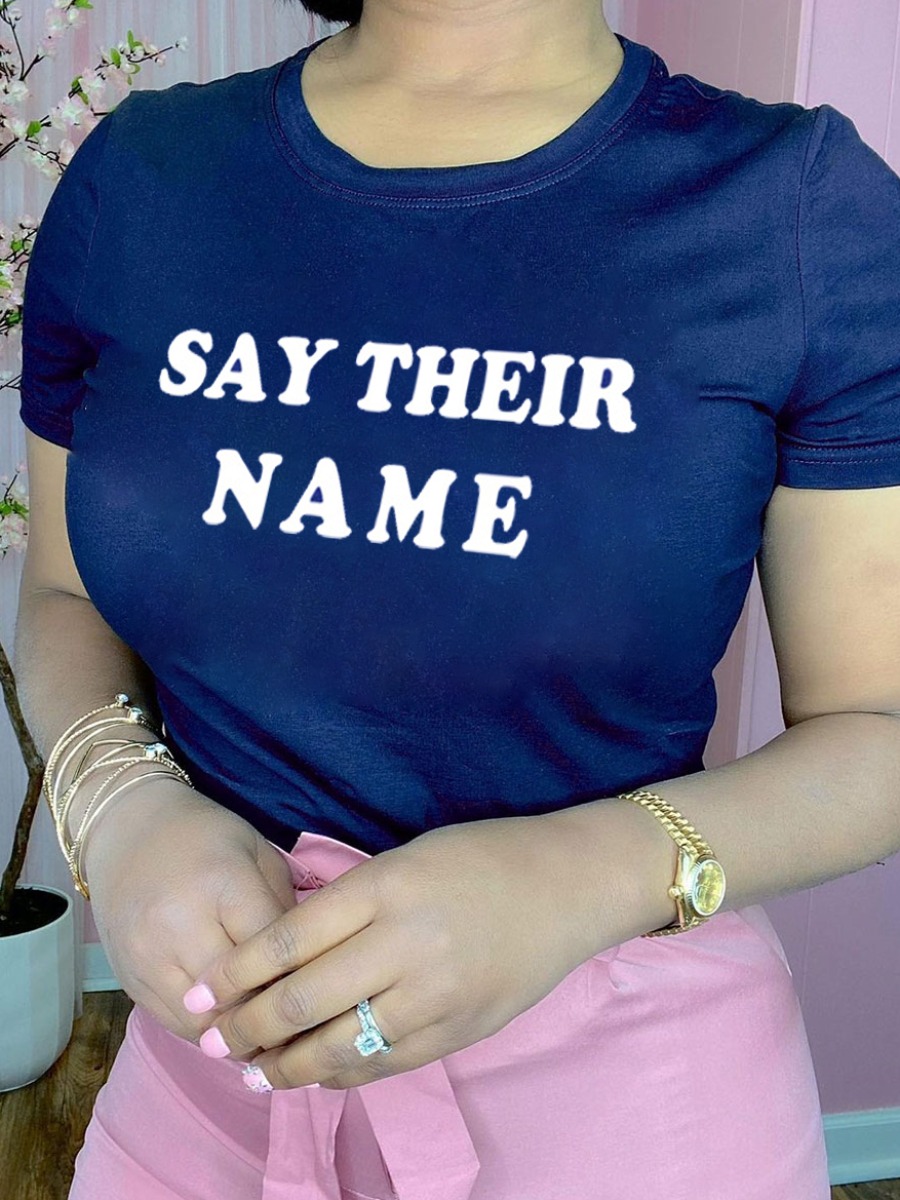 

Lovely Casual O Neck Letter Print Blue Plus Size T-shirt