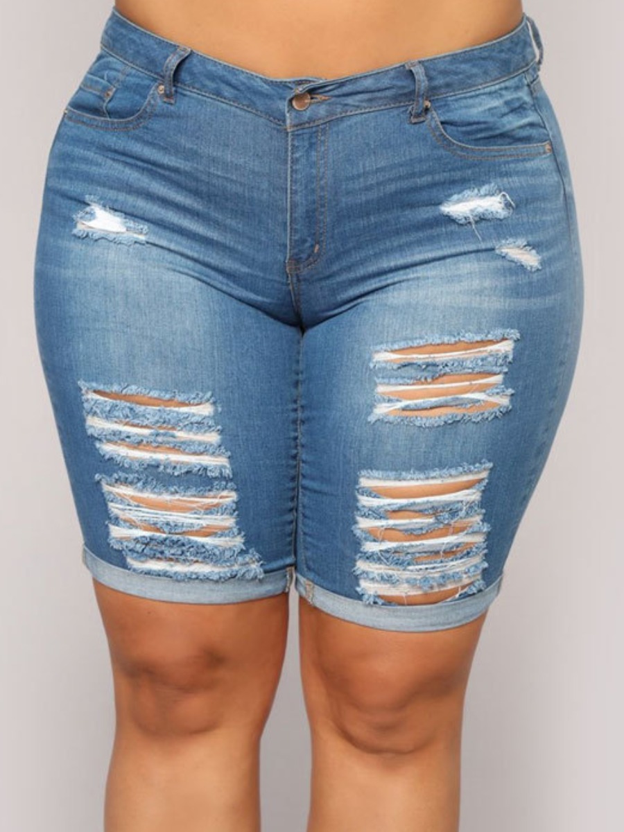 

Lovely Plus Size Casual Broken Holes Royalblu Shorts, Royalblue