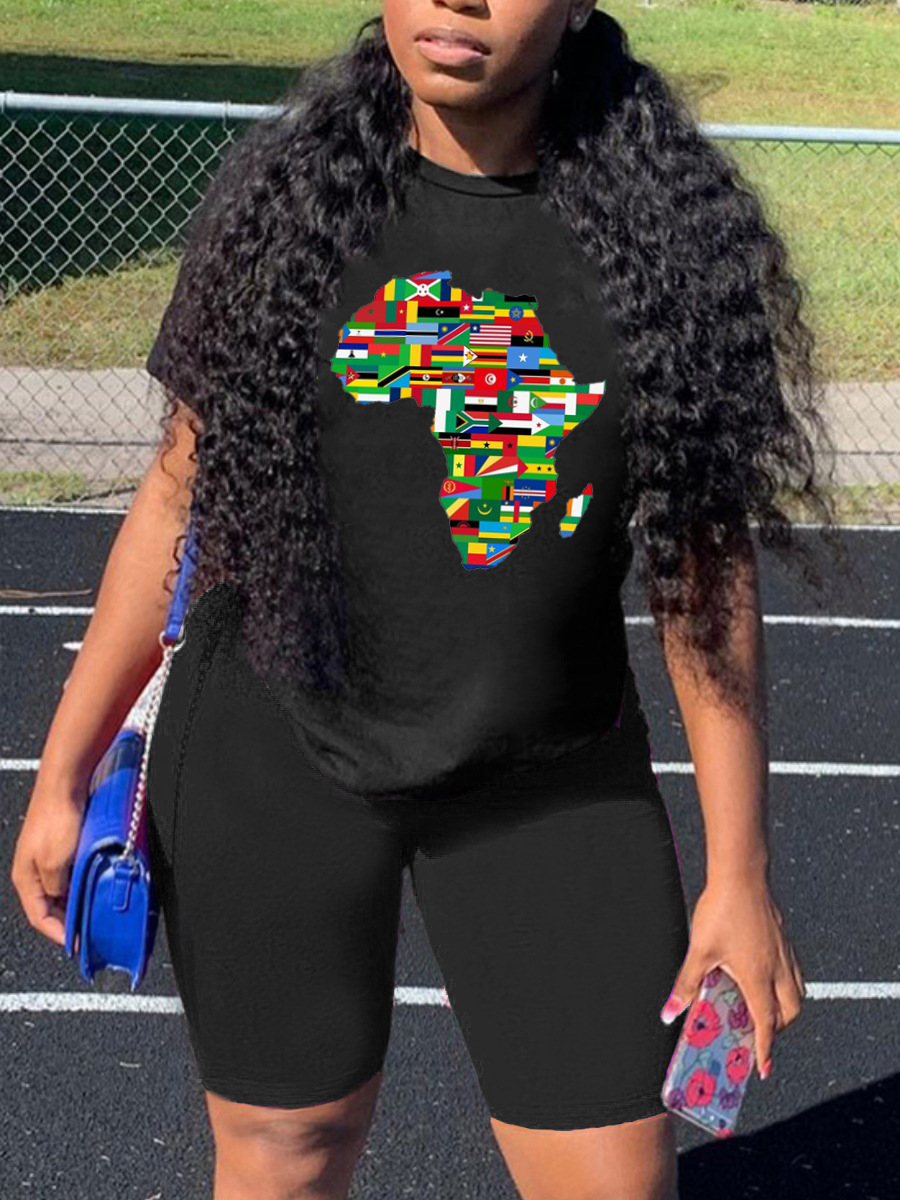 

Lovely Street Africa Print Patchwork Black Two Piece Shorts Set