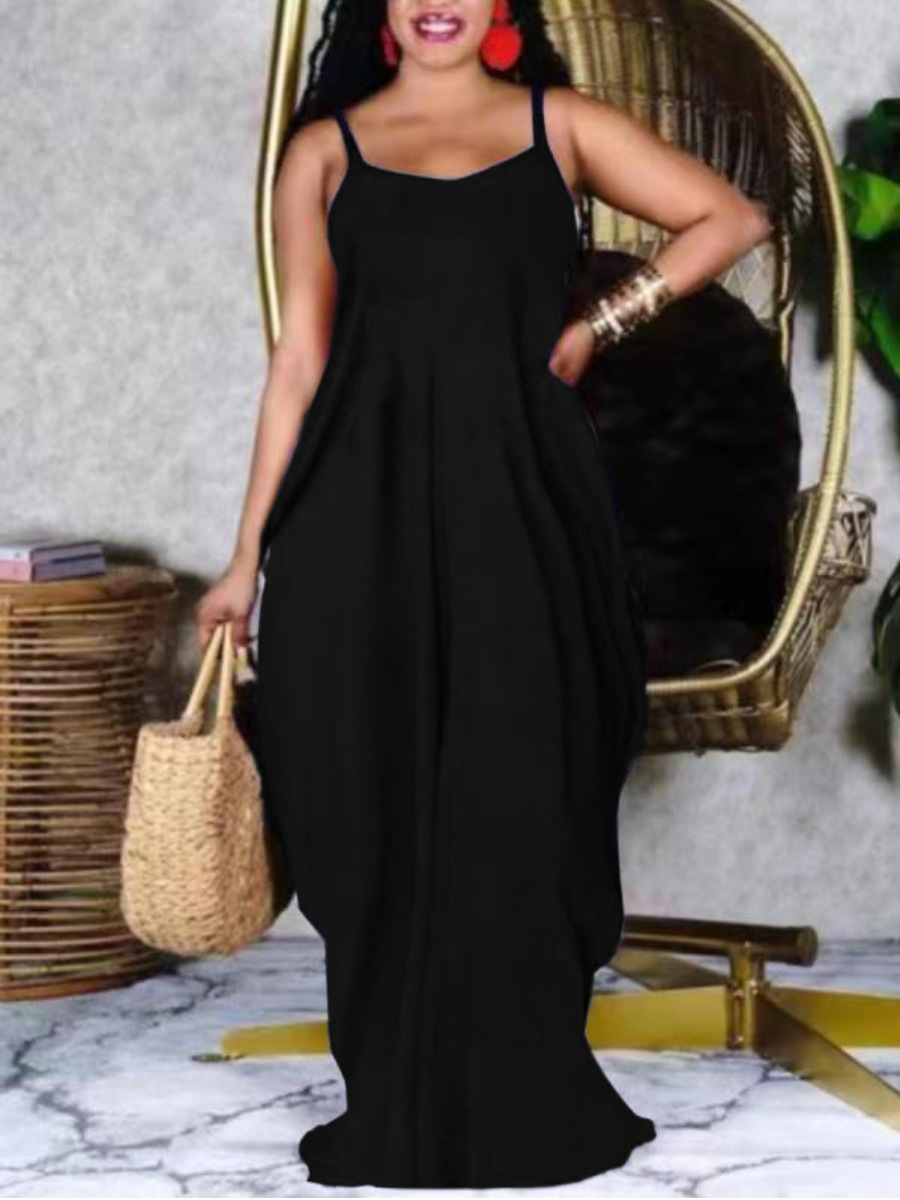 

LW BASICS Plus Size Casual U Neck Fold Design Black Floor Length Dress
