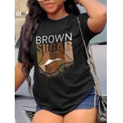 LW Plus Size Casual Lip Letter Print Black T-shirt
