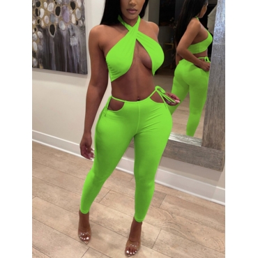 

LW SXY Criss Cross Bandage Hollow-out Design Green Two Piece Pants Set