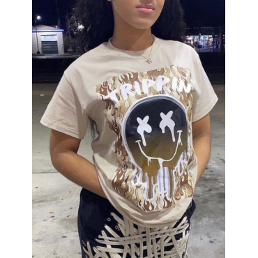 

Lovely Letter Print Patchwork T-shirt, Khaki