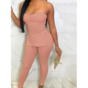 

Lovely Casual Off The Shoulder Split Pink Two Piece Pants Set