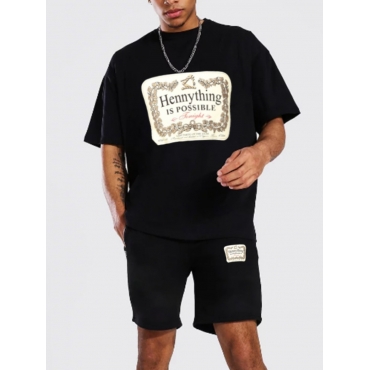 

LW Men Casual Letter Print Drawstring Black Two Piece Shorts Set