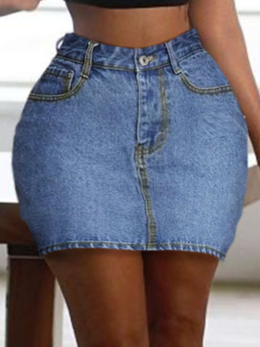 

Lovely Casual Mid Waist Nonelastic Blue Denim Skirt