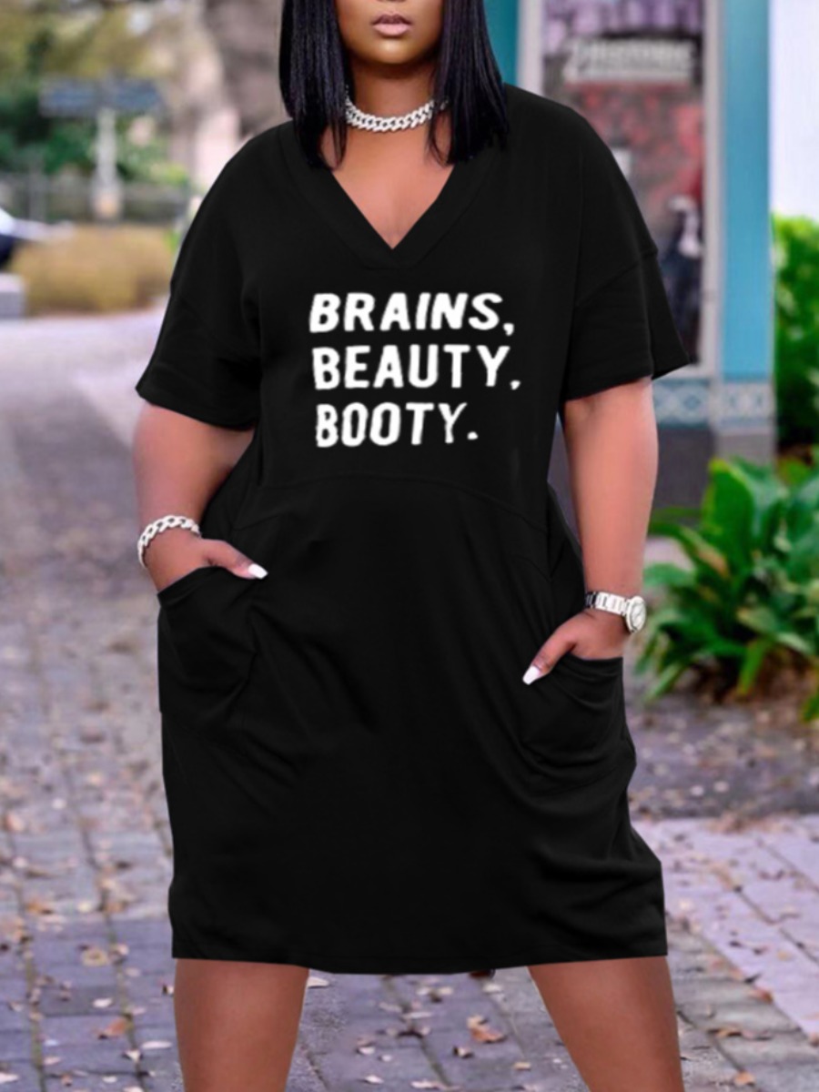 

Lovely Casual V Neck Letter Print Black Knee Length Dress