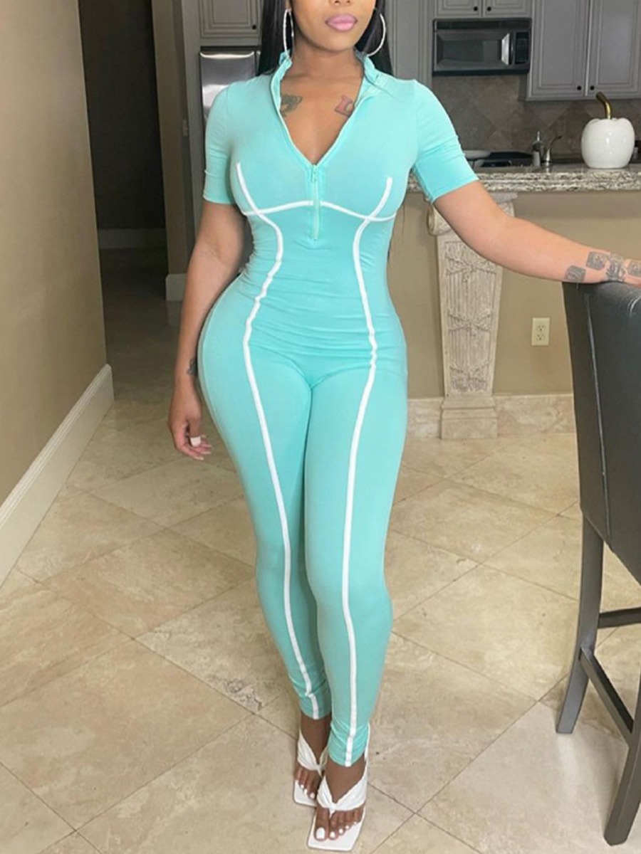 

Lovely Sporty V Neck Striped Blue One-piece Jumpsuit