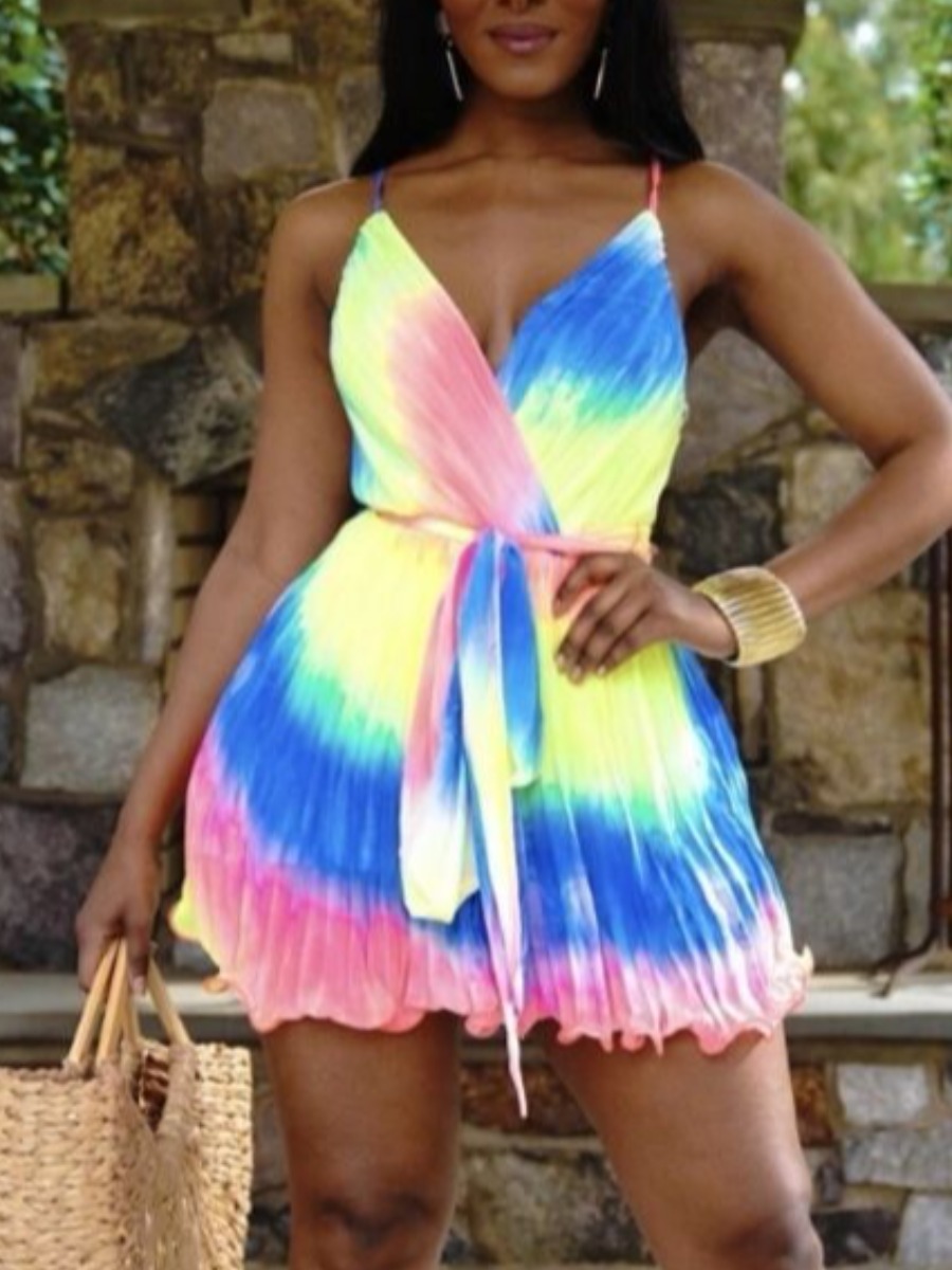 

Lovely Boho Backless Tie-dye Multicolor Mini A Line Dress, Multi