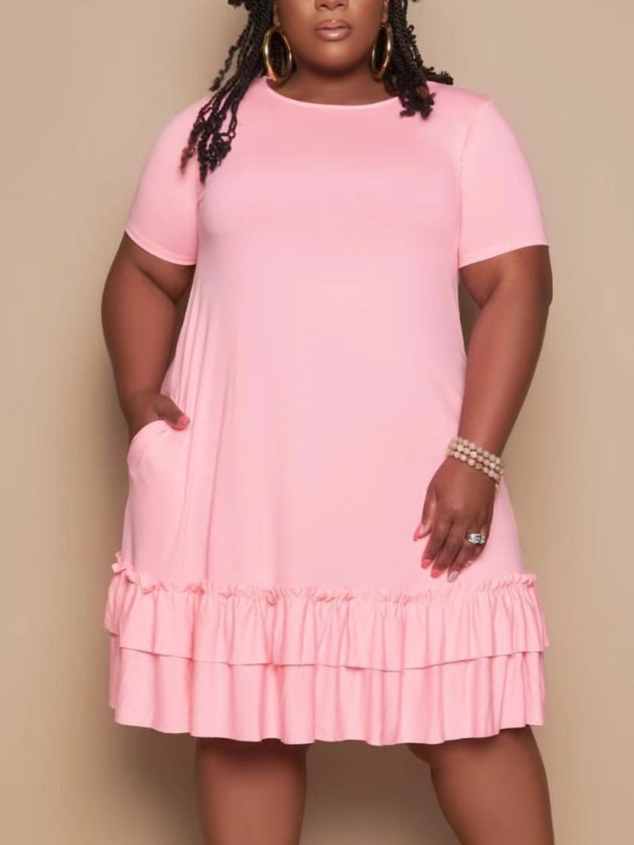 

Lovely Plus Size Casual O Neck Flounce Design Pink Knee Length Dress
