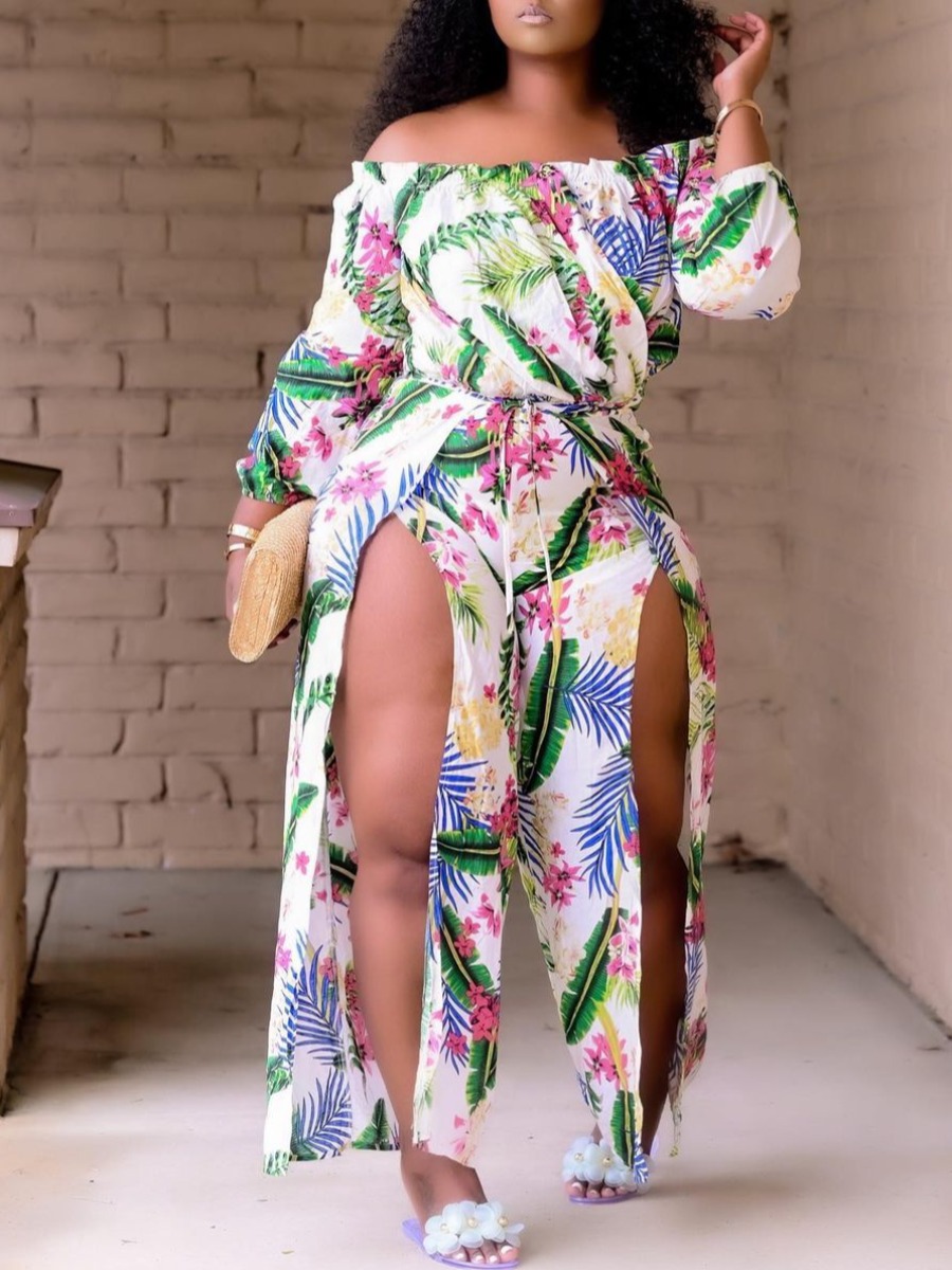 

LW Boho Off The Shoulder Floral Print Split Green One-piece Jumpsuit