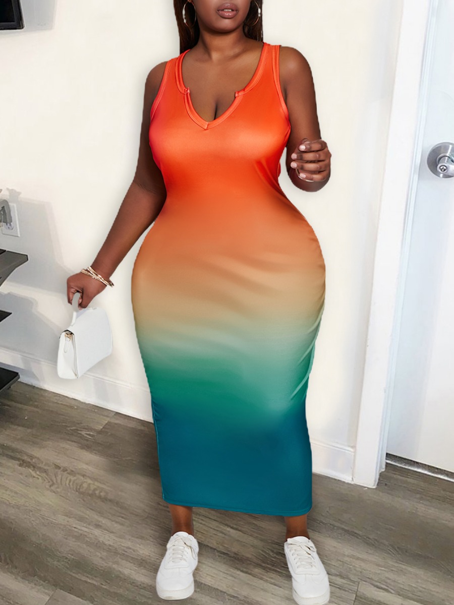 

Lovely Boho V Neck Gradient Orange Ankle Length Plus Size Dress