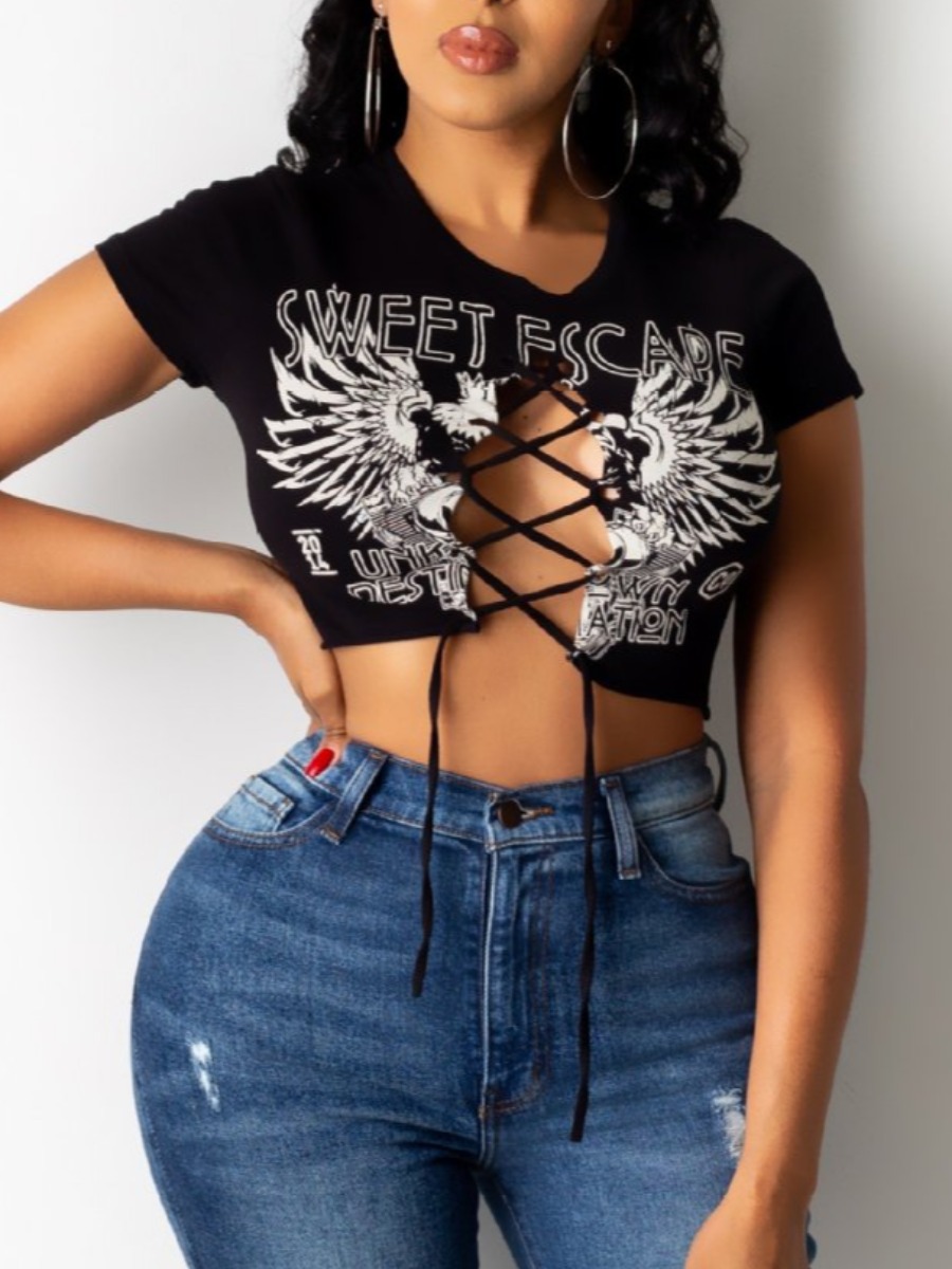 

Lovely Street Bandage Hollow-out Design Black T-shirt