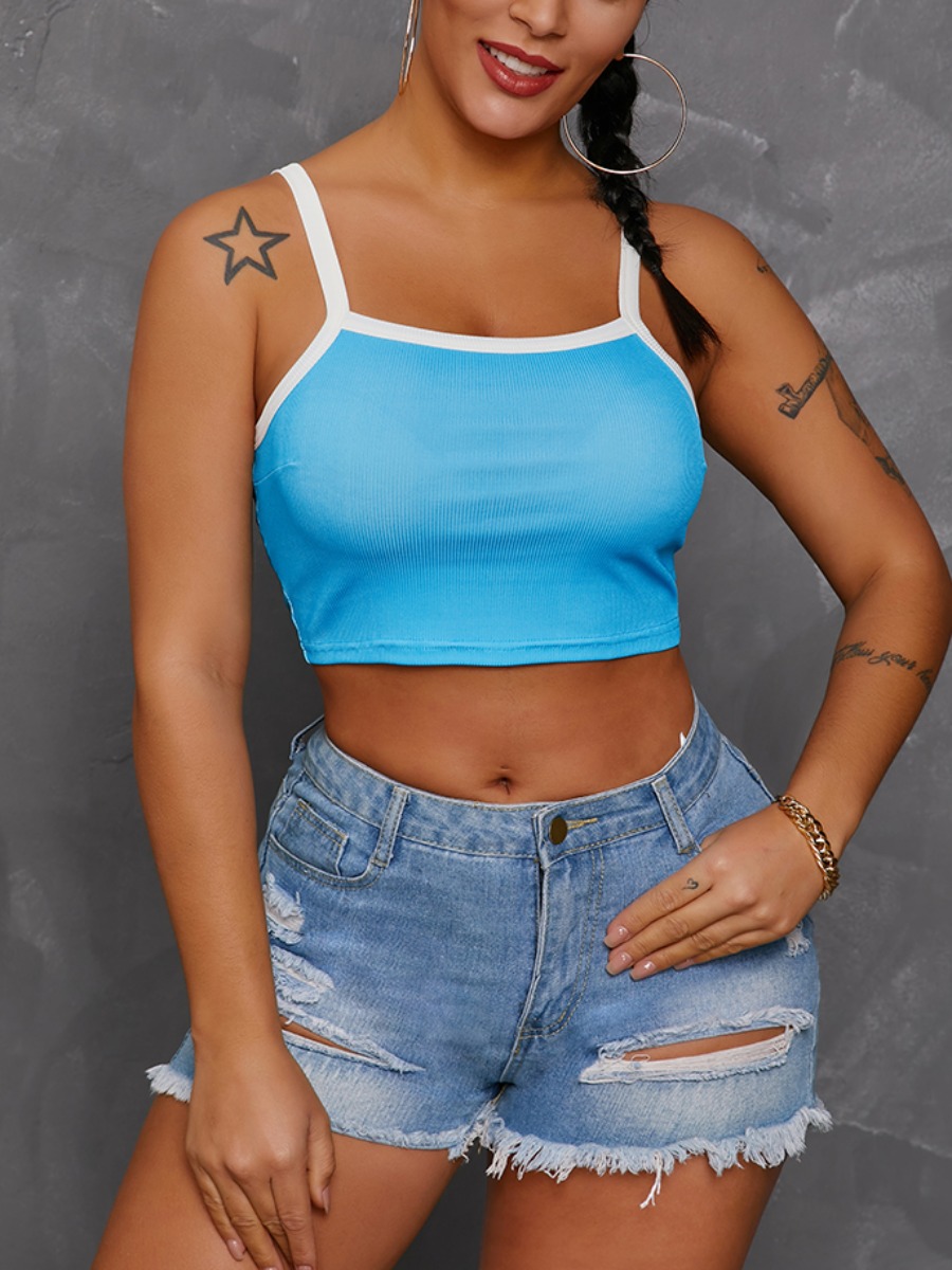 

Lovely Casual Patchwork Skinny Blue Camisole