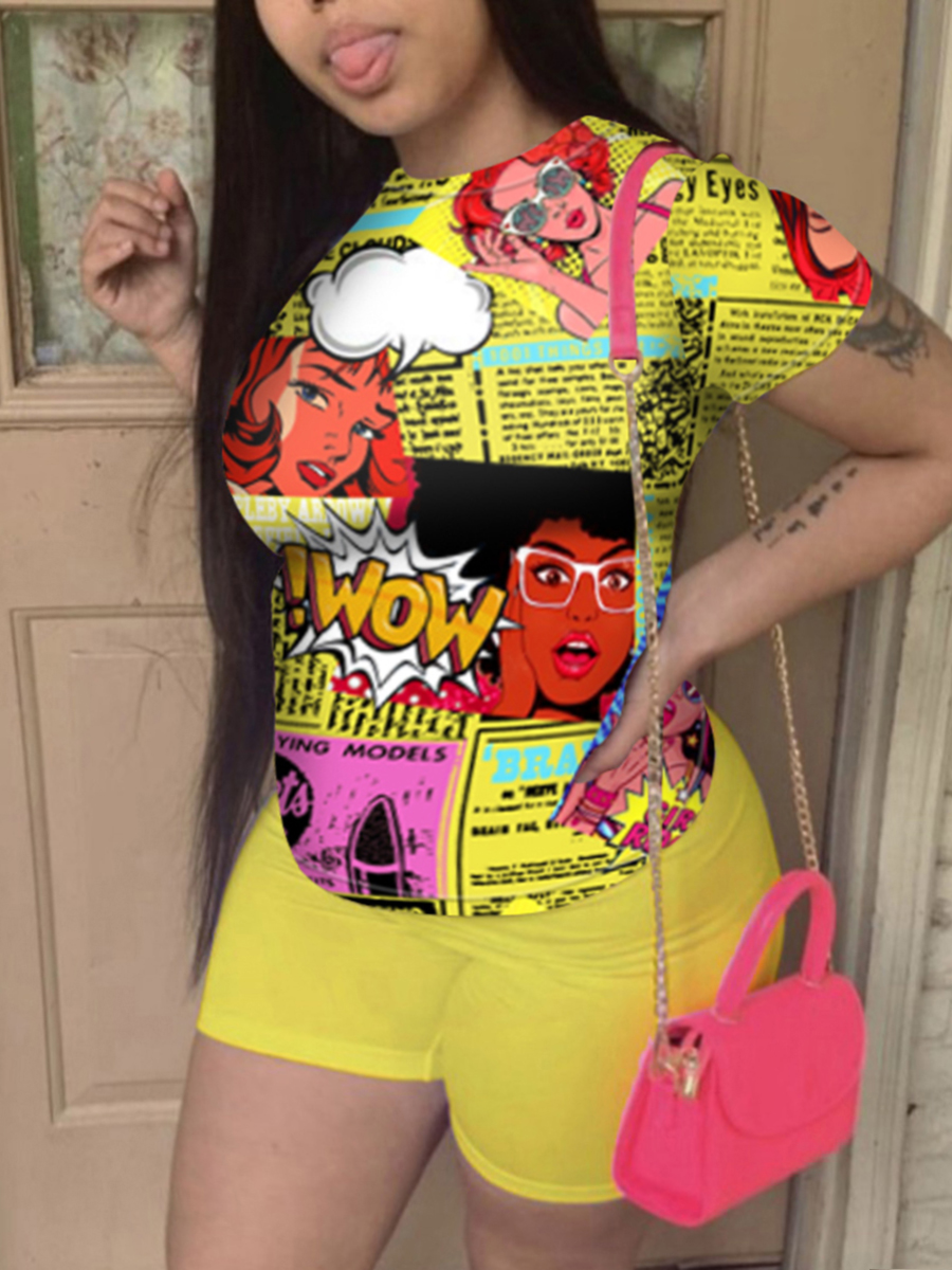 

Lovely Casual Cartoon Letter Print Yellow Plus Size Two-piece Shorts Set