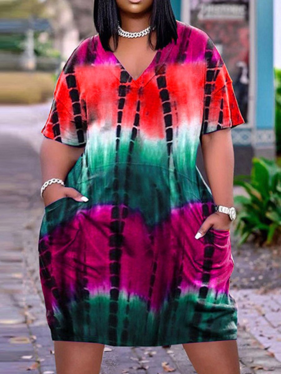 

LW Plus Size V Neck Tie-dye Dress, Red