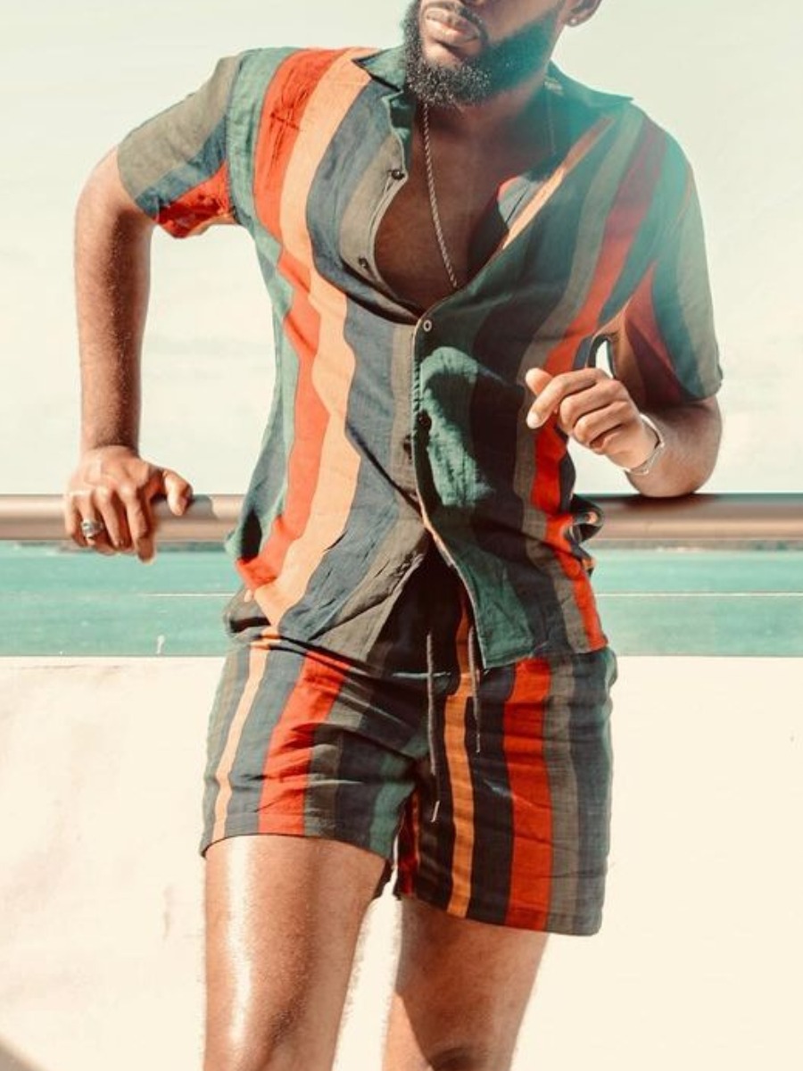 

Lovely Men Casual Turndown Collar Striped Dark Grey Two Piece Shorts Set